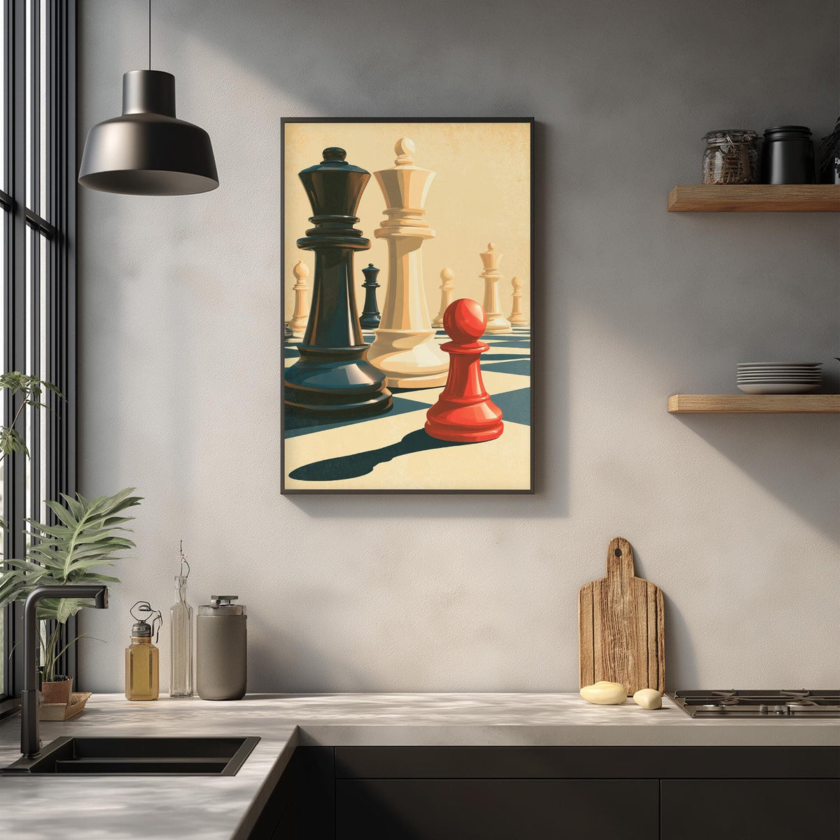 a kitchen counter with a framed painting of chess pieces hanging on the wall above it.
