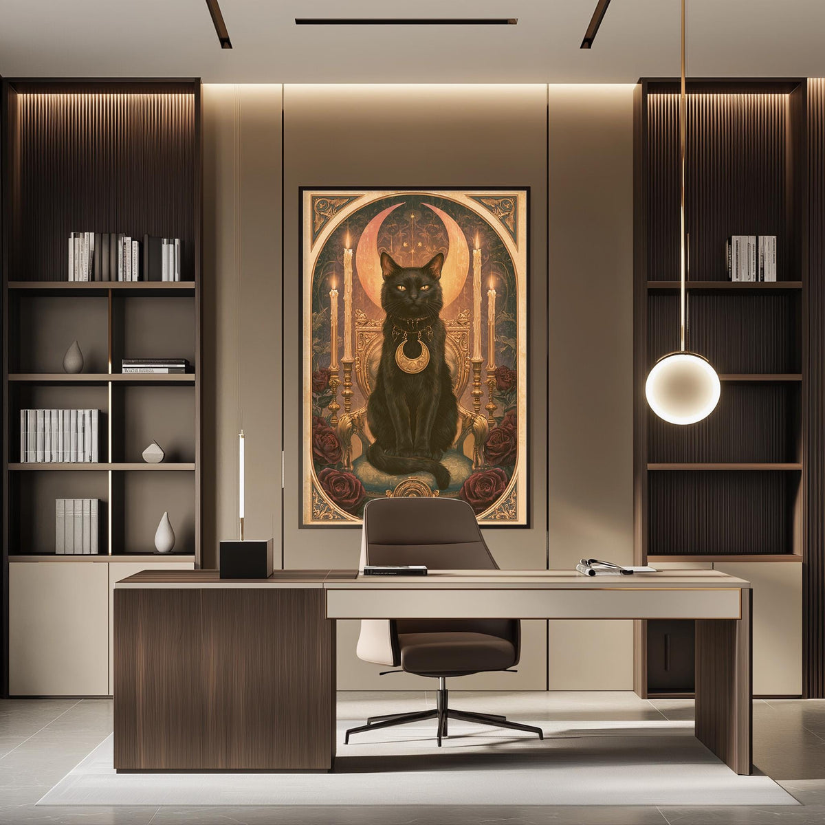 a modern office space with a large framed artwork of a black cat on the wall. The office has a wooden desk, a chair, and a bookshelf filled with books. The overall design and decor create a sophisticated and stylish atmosphere.