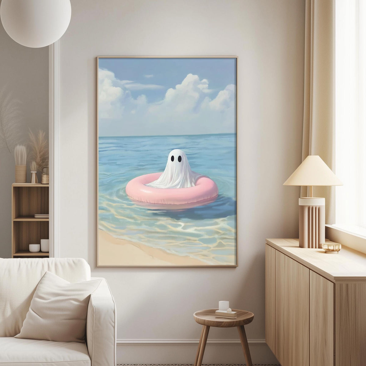 a large painting of a ghost floating on a pink inner tube in the ocean, hanging on a wall in a living room.