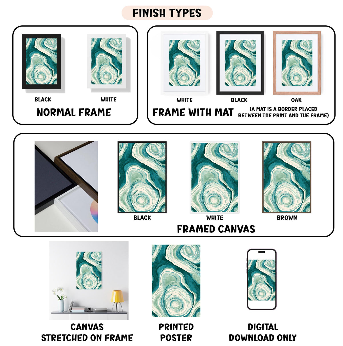 various finish types for framed artwork, including canvas, stretched on frame, framed canvas, printed poster, and digital download only.