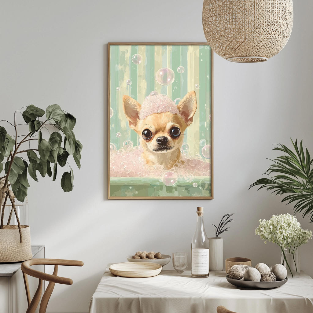 a framed painting of a dog with a pink bath bomb on its head, surrounded by bubbles, hanging on a wall above a dining table with various decorative items and plants.