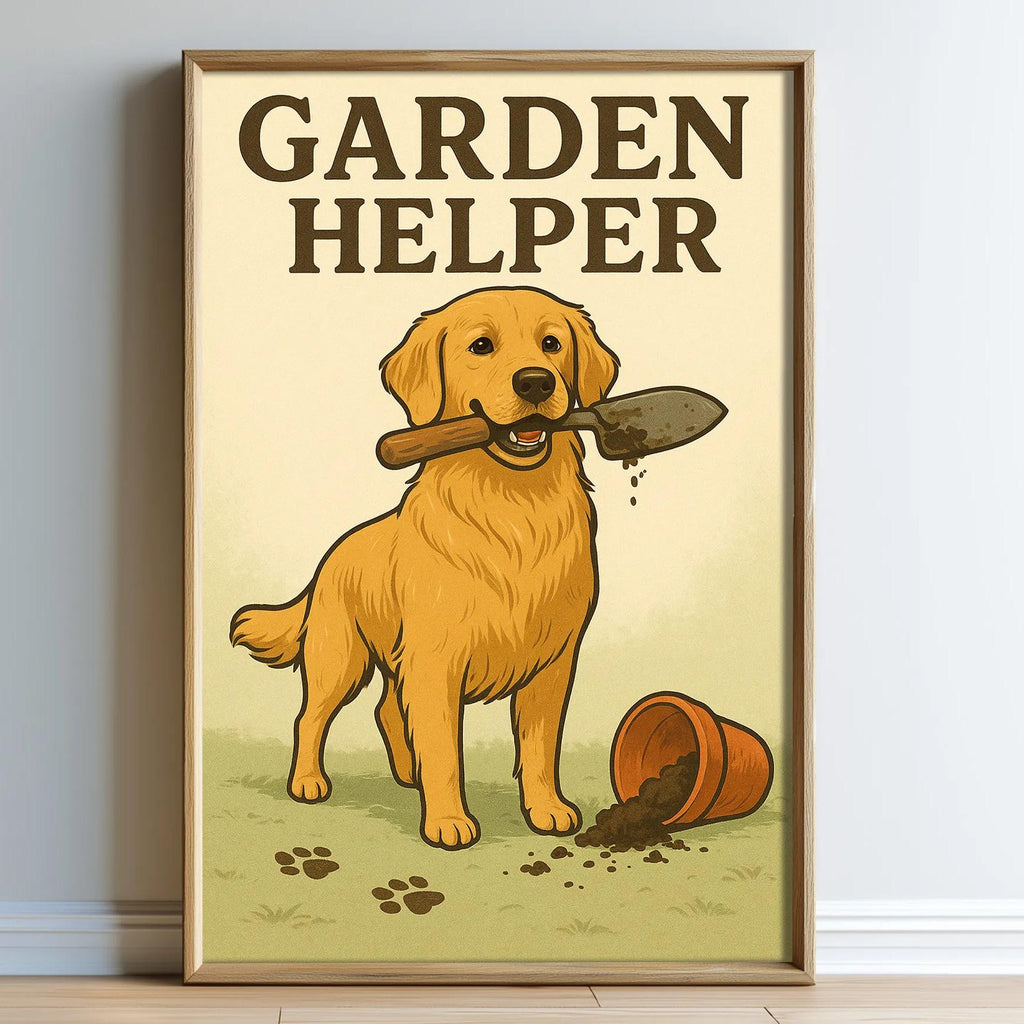 A framed illustration of a golden retriever dog holding a shovel in its mouth, standing on a grassy area with a potted plant nearby.