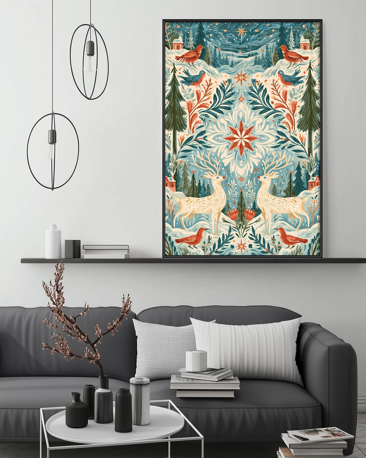 a cozy living room with a gray sofa, a coffee table, and a large framed print of a vibrant, nature-inspired winter landscape hanging on the wall above the sofa.