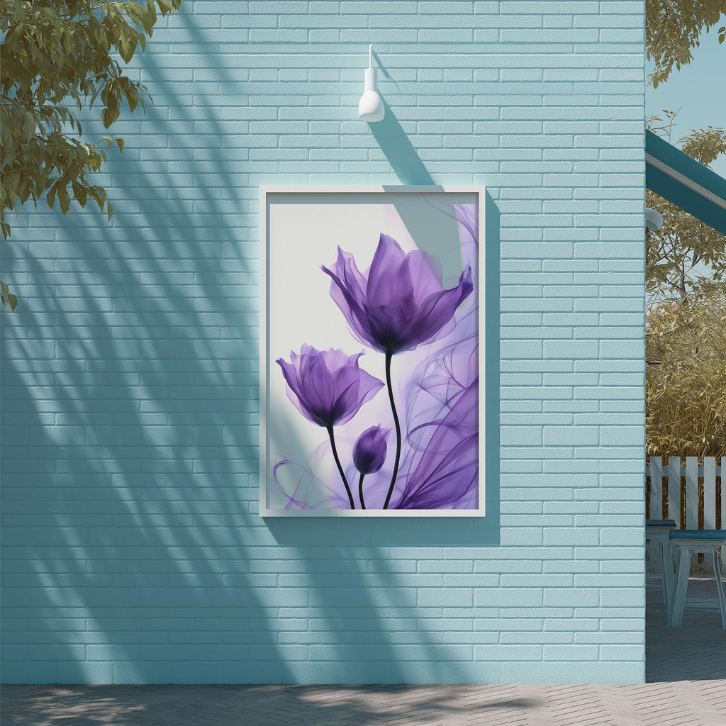 a blue brick wall with a framed picture of purple flowers hanging on it.