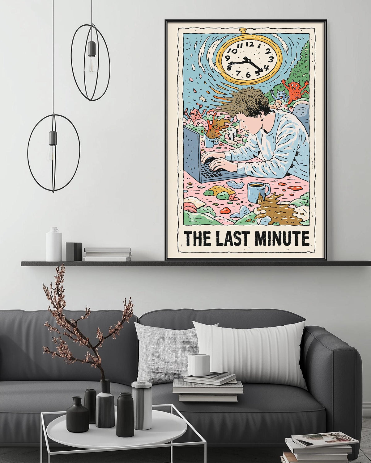 a poster of a man working on a laptop, with the text "The Last Minute" below the illustration.