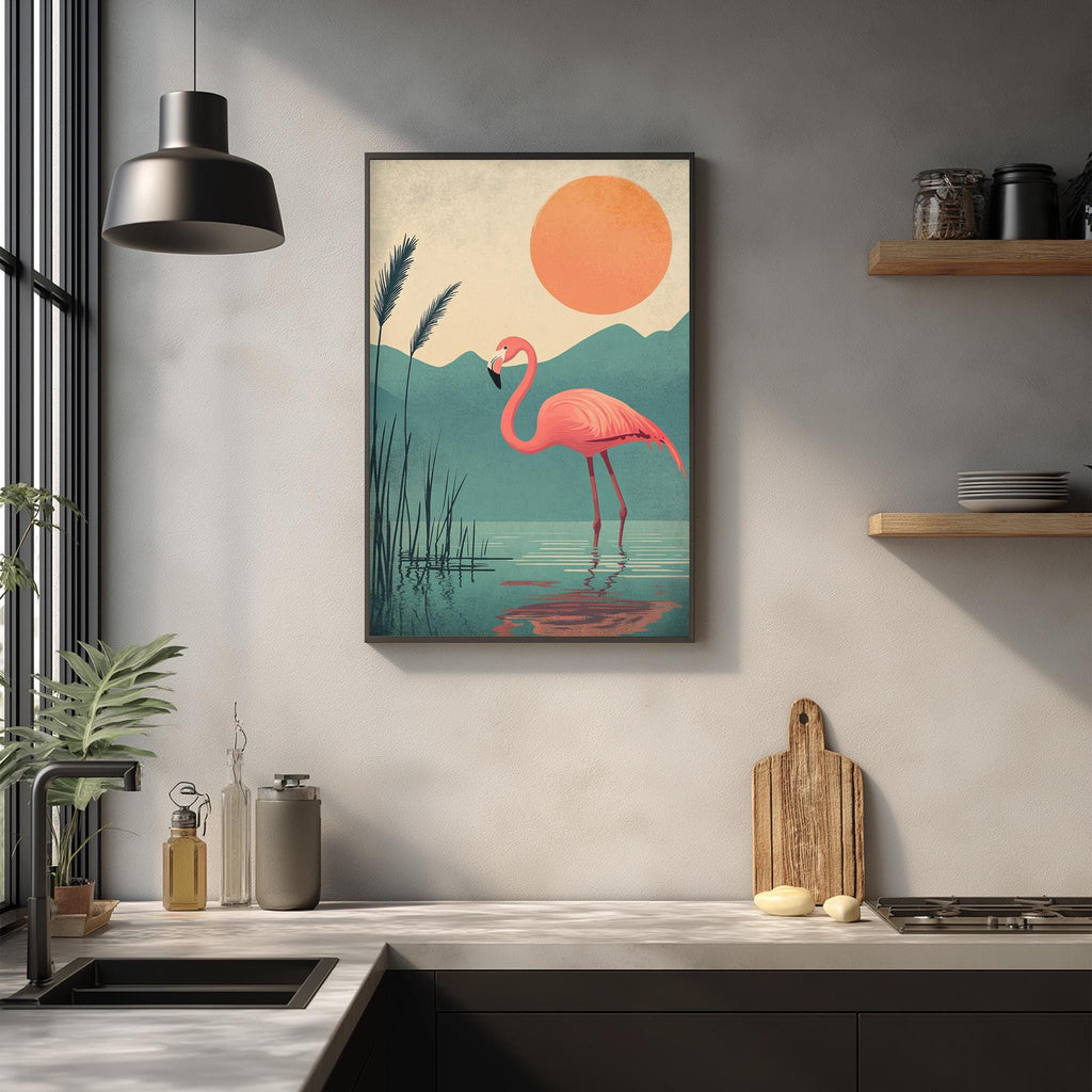 a framed painting of a pink flamingo standing in a lake, with a large orange sun in the background.