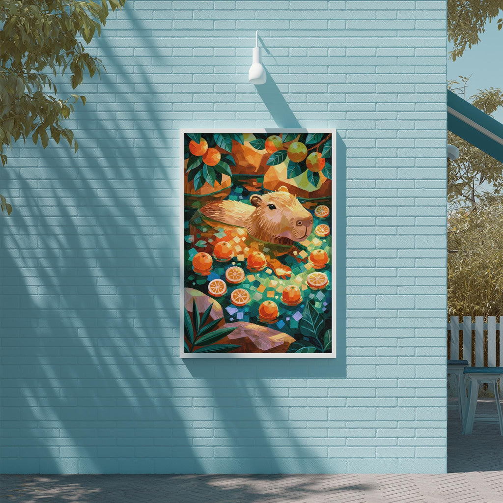 a vibrant painting of a beaver surrounded by an abundance of oranges and other fruits, set against a backdrop of a blue wall.