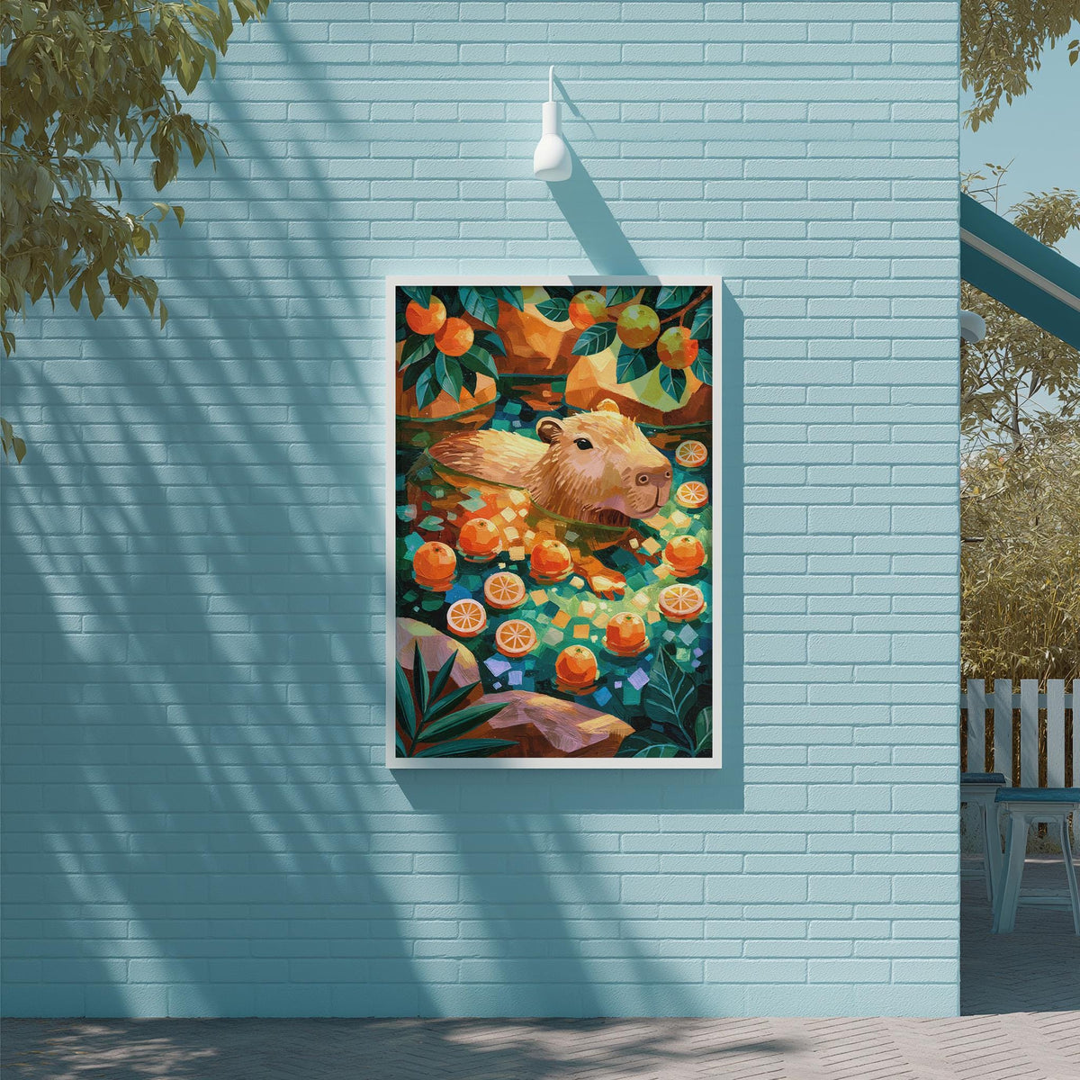 a vibrant painting of a beaver surrounded by an abundance of oranges and other fruits, set against a backdrop of a blue wall.