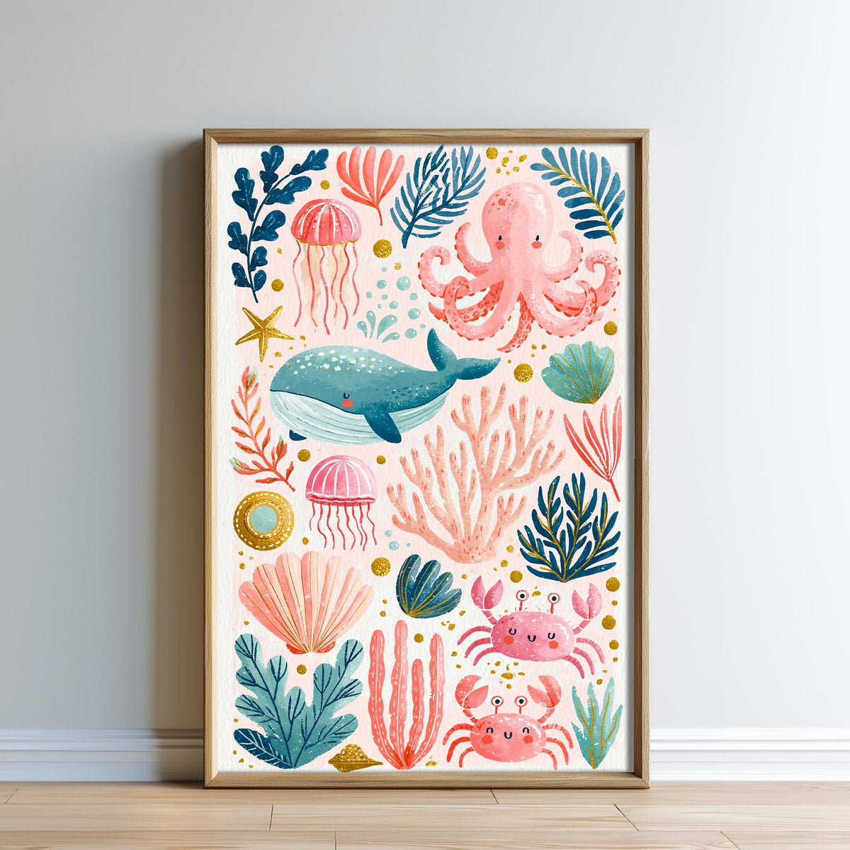 The image is a framed print featuring a vibrant underwater scene with various marine life, such as an octopus, whale, jellyfish, and coral.