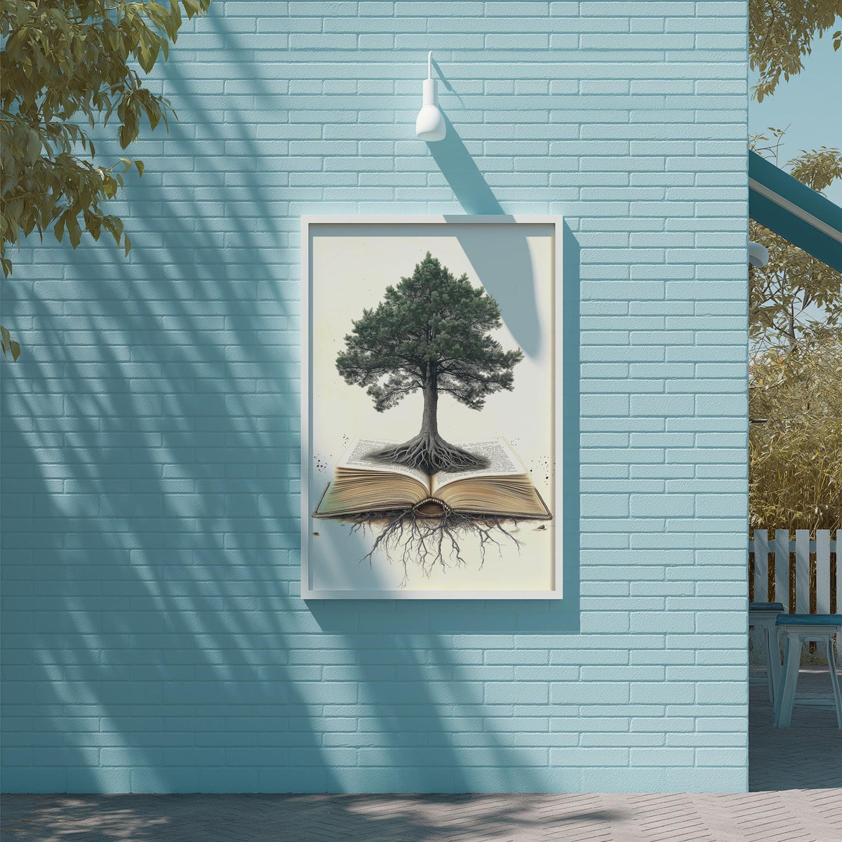 a blue brick wall with a framed painting of a tree with roots emerging from an open book, creating a whimsical and imaginative scene.