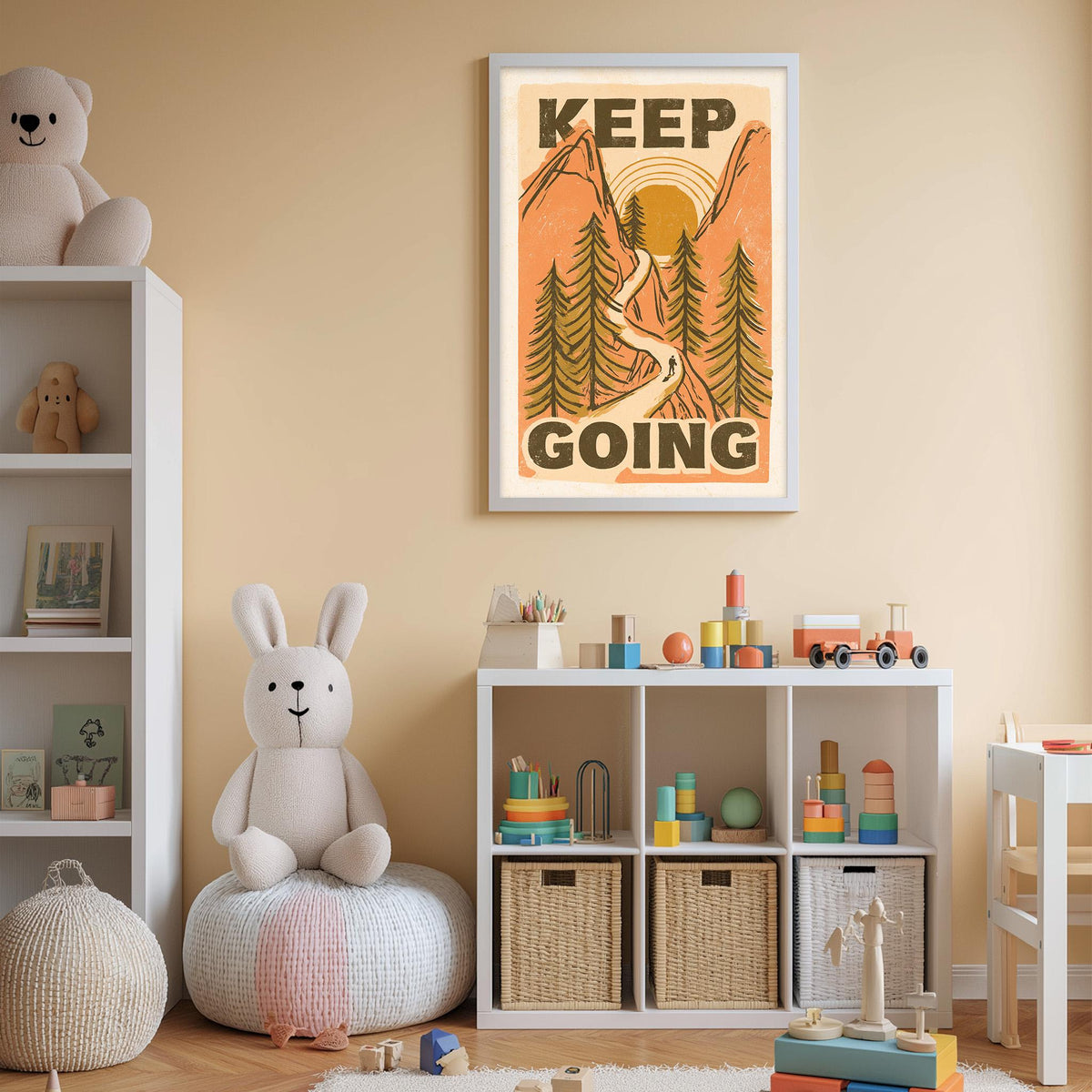 A child's bedroom with a white bookshelf, a stuffed rabbit, and a framed poster with a mountain landscape and the text "KEEP GOING".