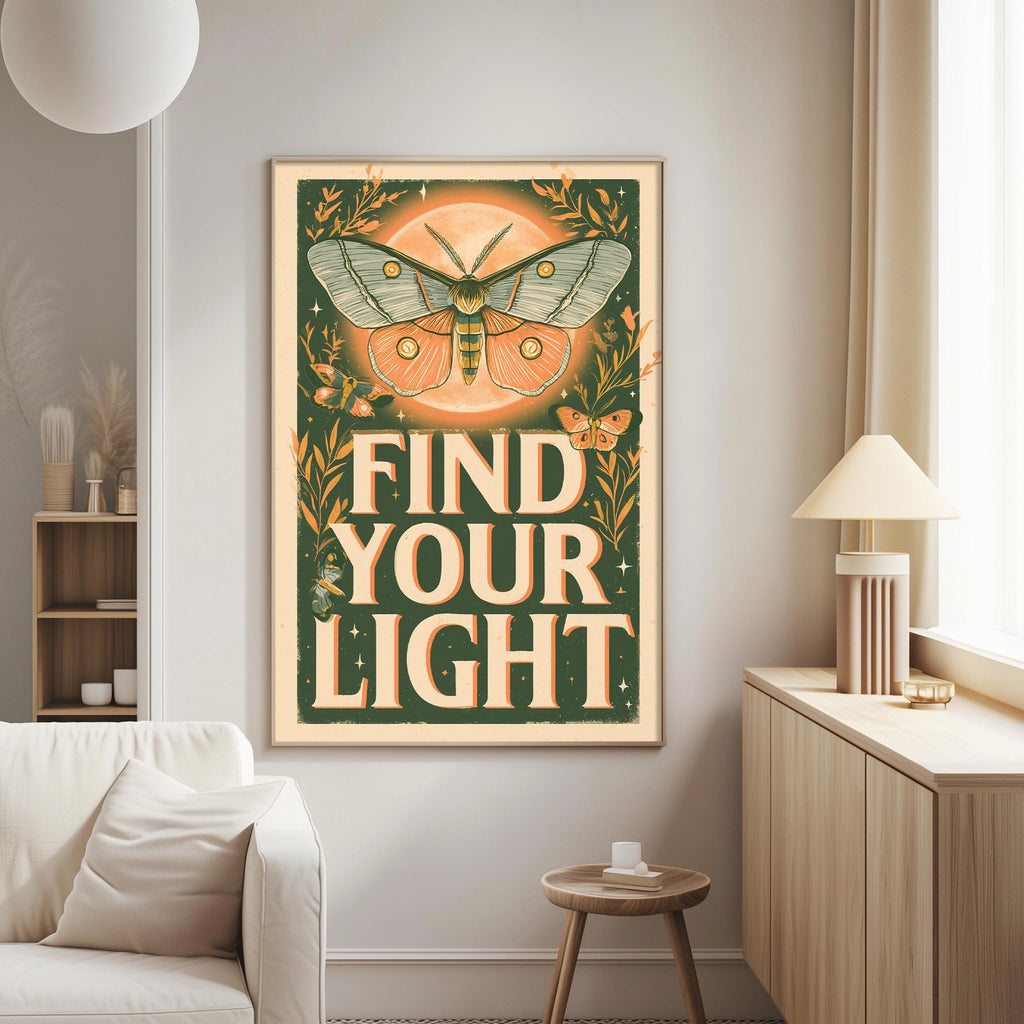 a poster with a butterfly and the text "Find Your Light" hanging on a wall in a living room.