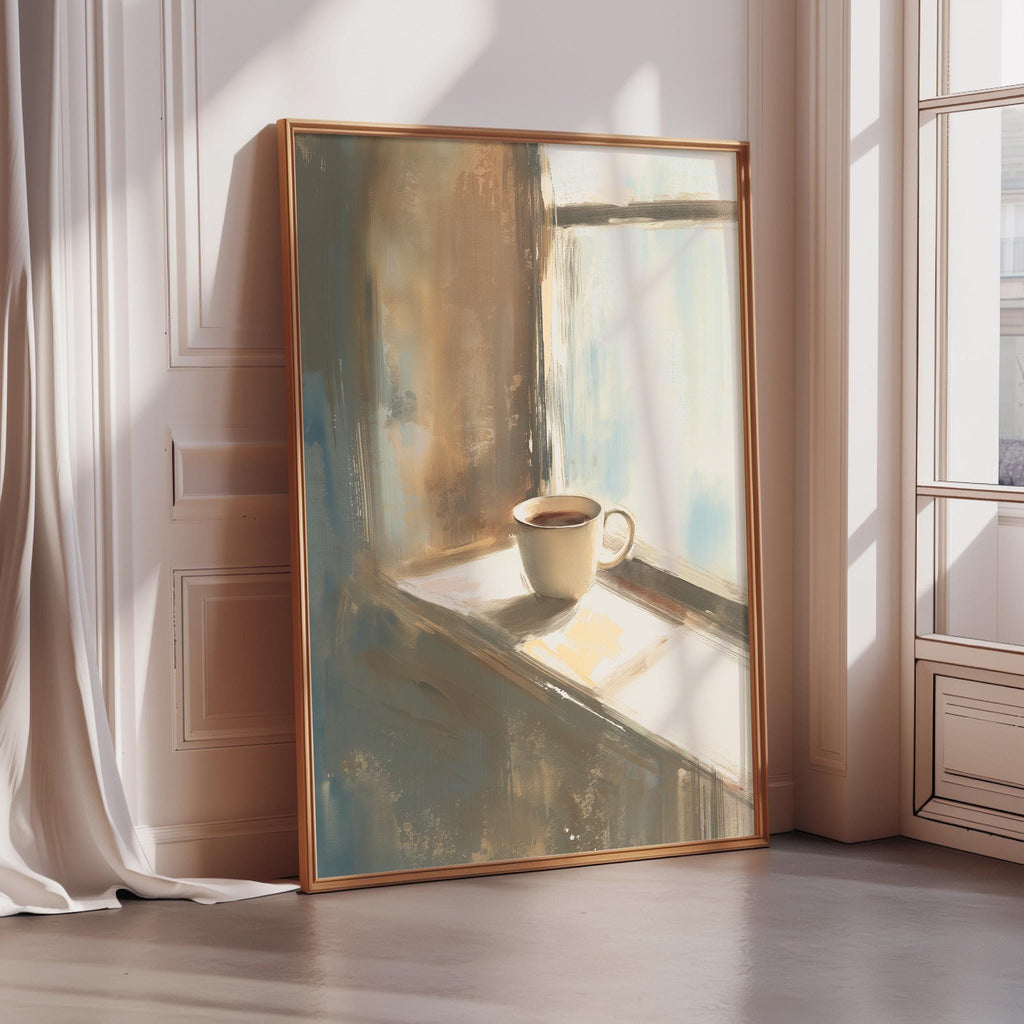 A large painting of a cup of coffee on a windowsill, with a warm, golden light shining through the window.