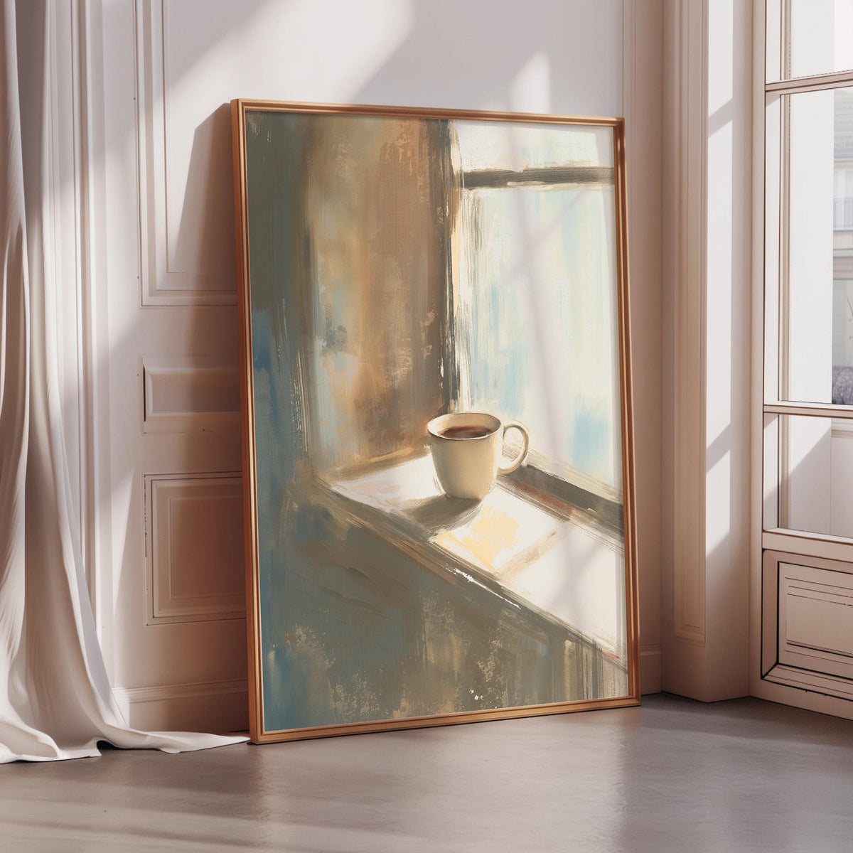 A large painting of a cup of coffee on a windowsill, with a warm, golden light shining through the window.