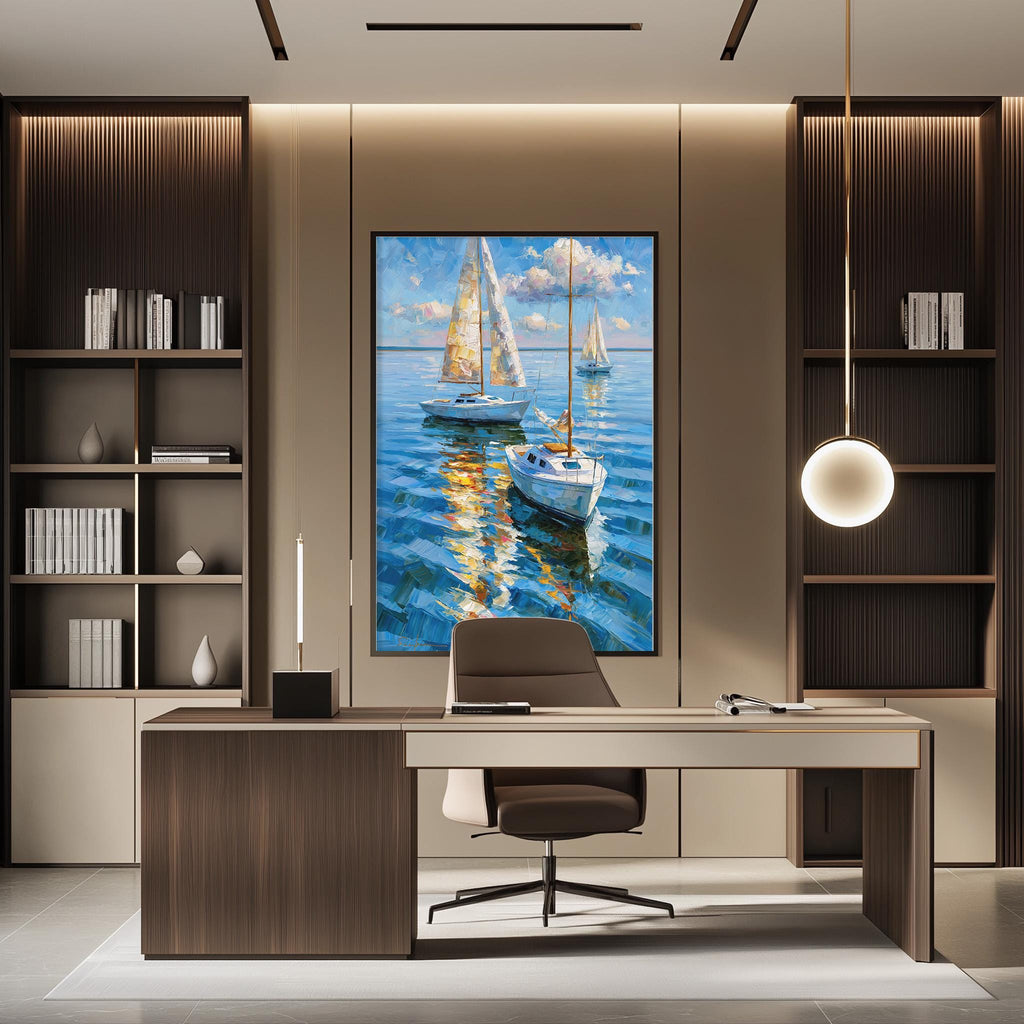 a modern office space with a large painting of sailboats on the wall, a desk with a chair, and built-in bookshelves.
