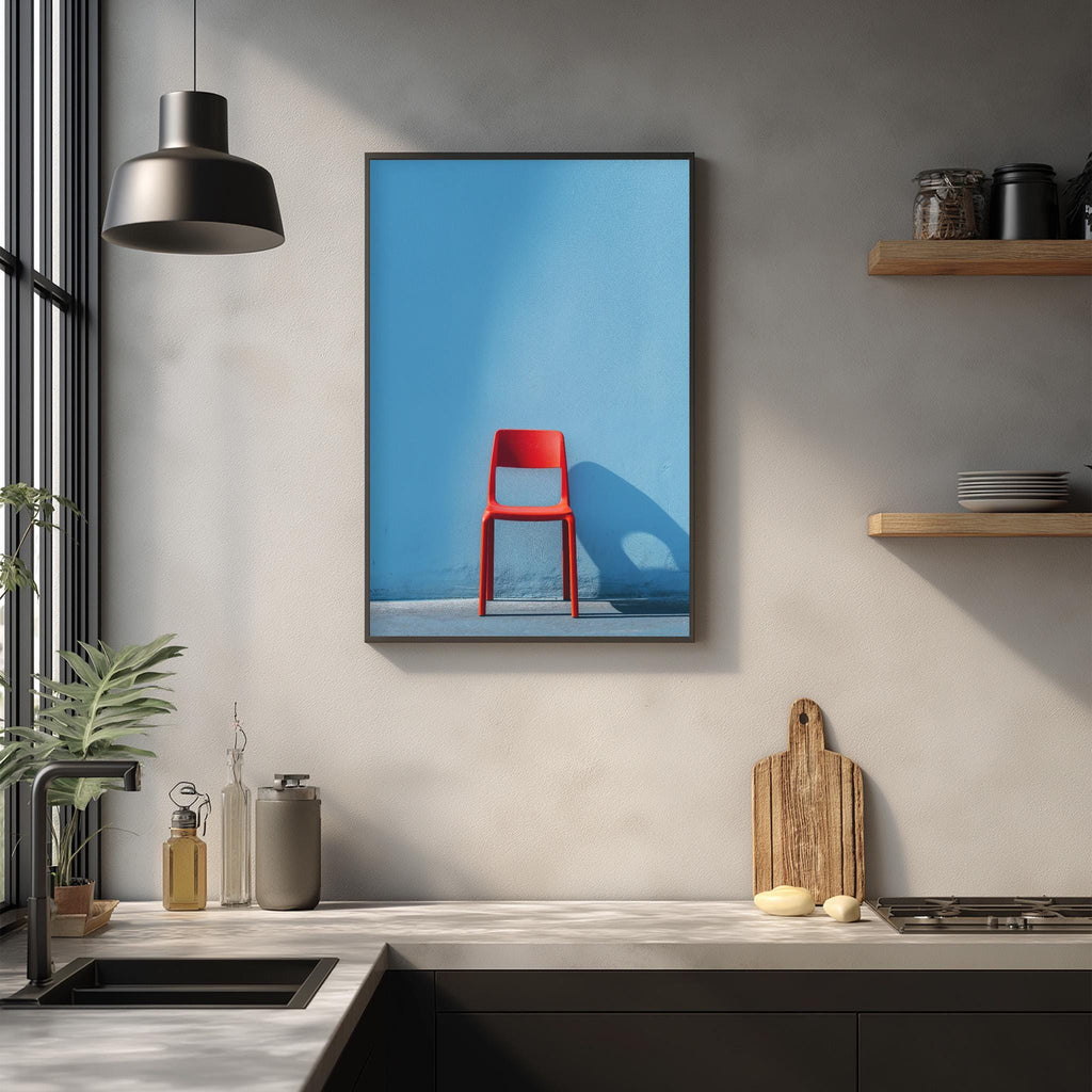 a modern kitchen with a minimalist design. The focal point is a red chair against a blue wall, which is hung on the wall above a kitchen counter. The counter has various kitchen items, including a cutting board, a bottle, and a vase. The overall color scheme of the kitchen is predominantly white and gray, with the red chair adding a pop of color to the space.