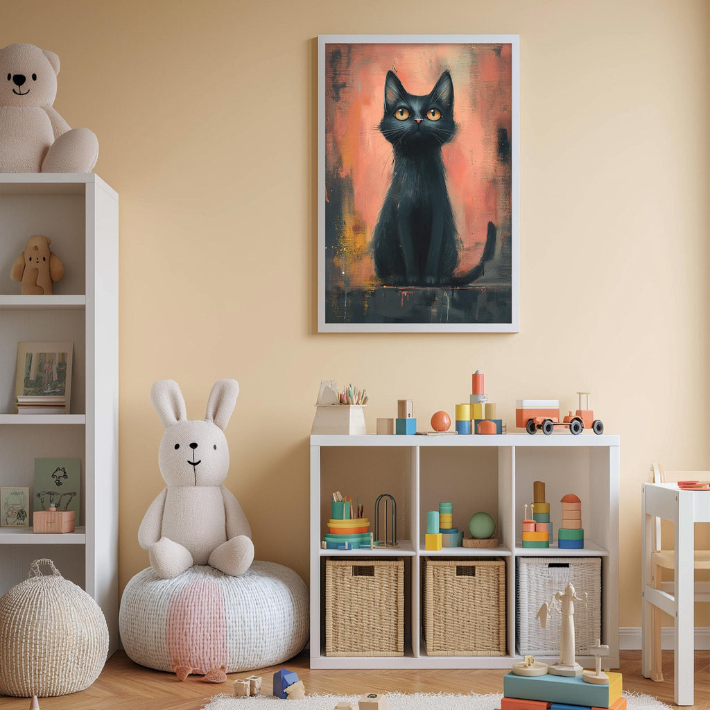 A cozy children's room with a white bookshelf, a stuffed rabbit, a black cat painting, and a toy train set.