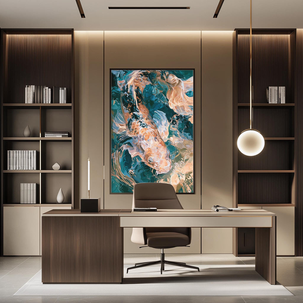 a modern and stylish office space with a large abstract painting on the wall, a wooden desk with a chair, and built-in bookshelves.