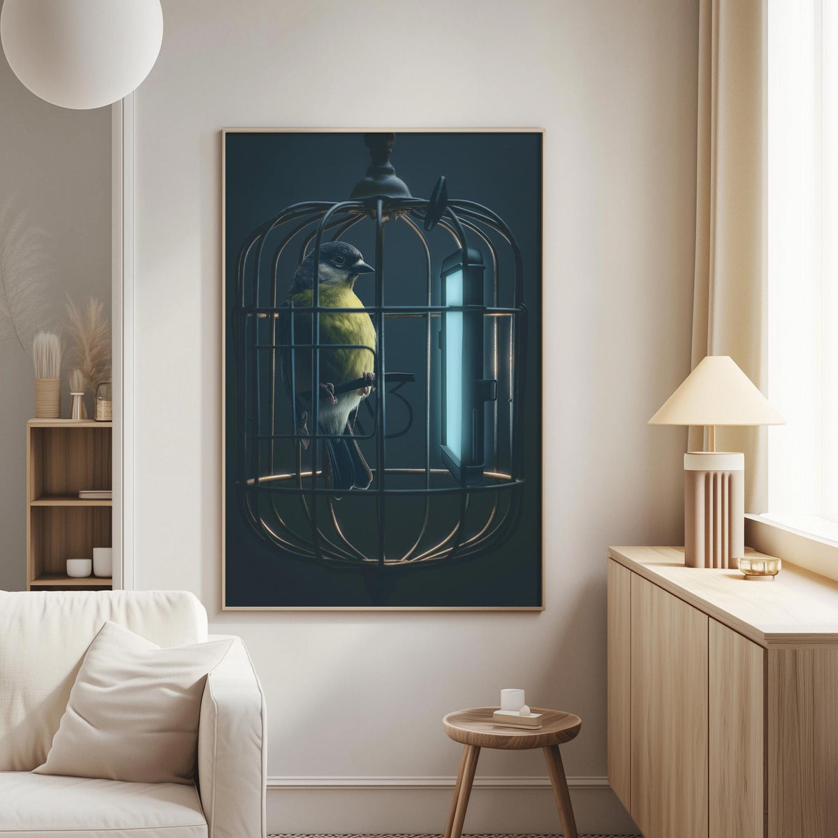 a bird in a cage, with a lamp and a bookshelf in the background.
