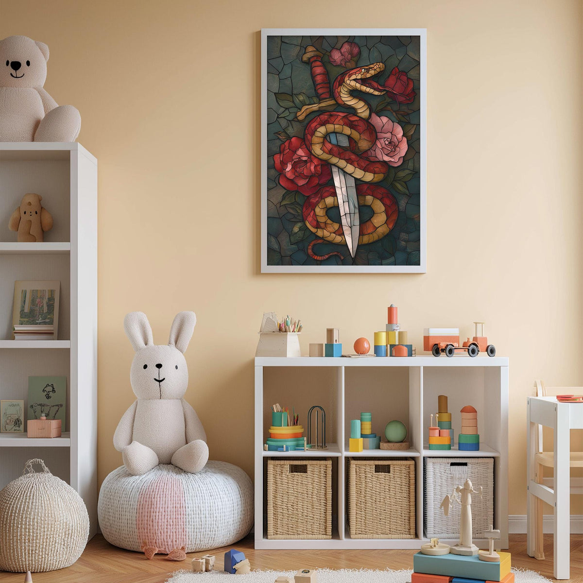 A child's bedroom with a white bookshelf, a stuffed rabbit, a colorful toy box, and a framed artwork depicting a snake with a flower design.