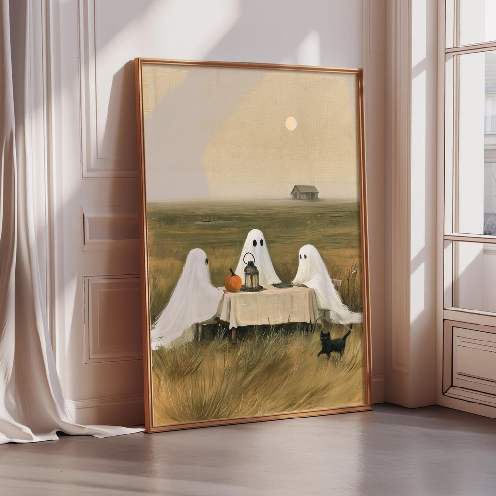 The image is a painting depicting three ghostly figures sitting at a table in a field, with a small black cat standing nearby.