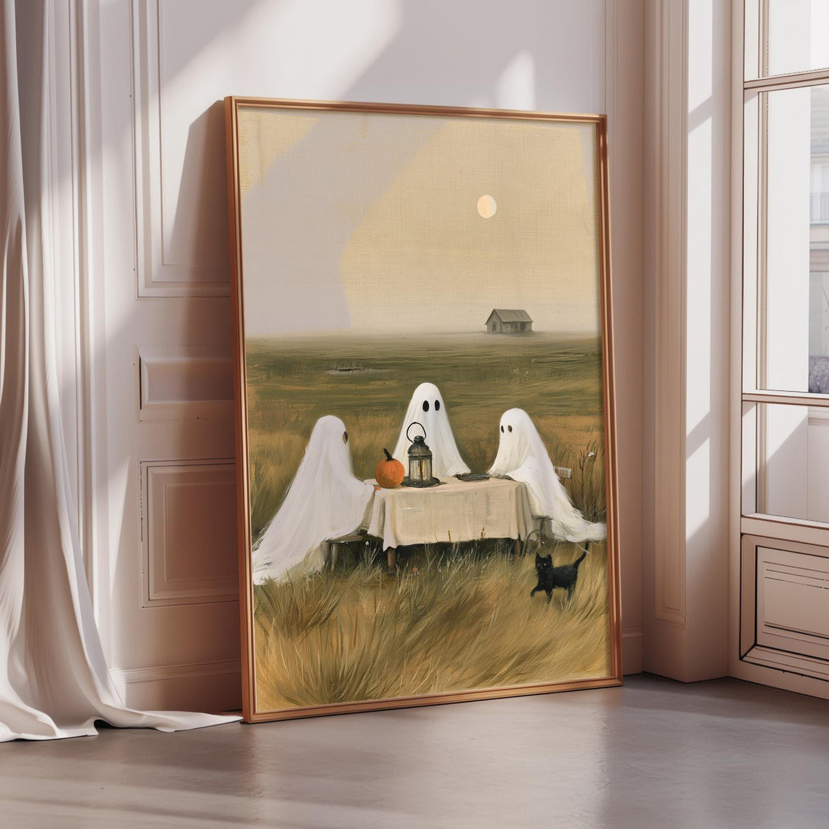 The image is a painting depicting three ghostly figures sitting at a table in a field, with a small black cat standing nearby.