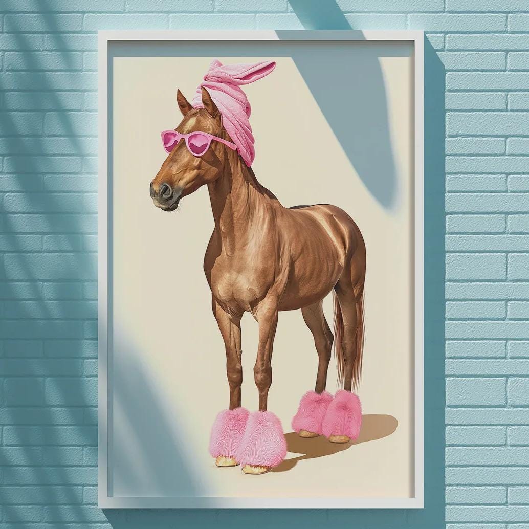 A framed illustration of a horse wearing pink sunglasses and pink slippers is displayed on a blue brick wall.