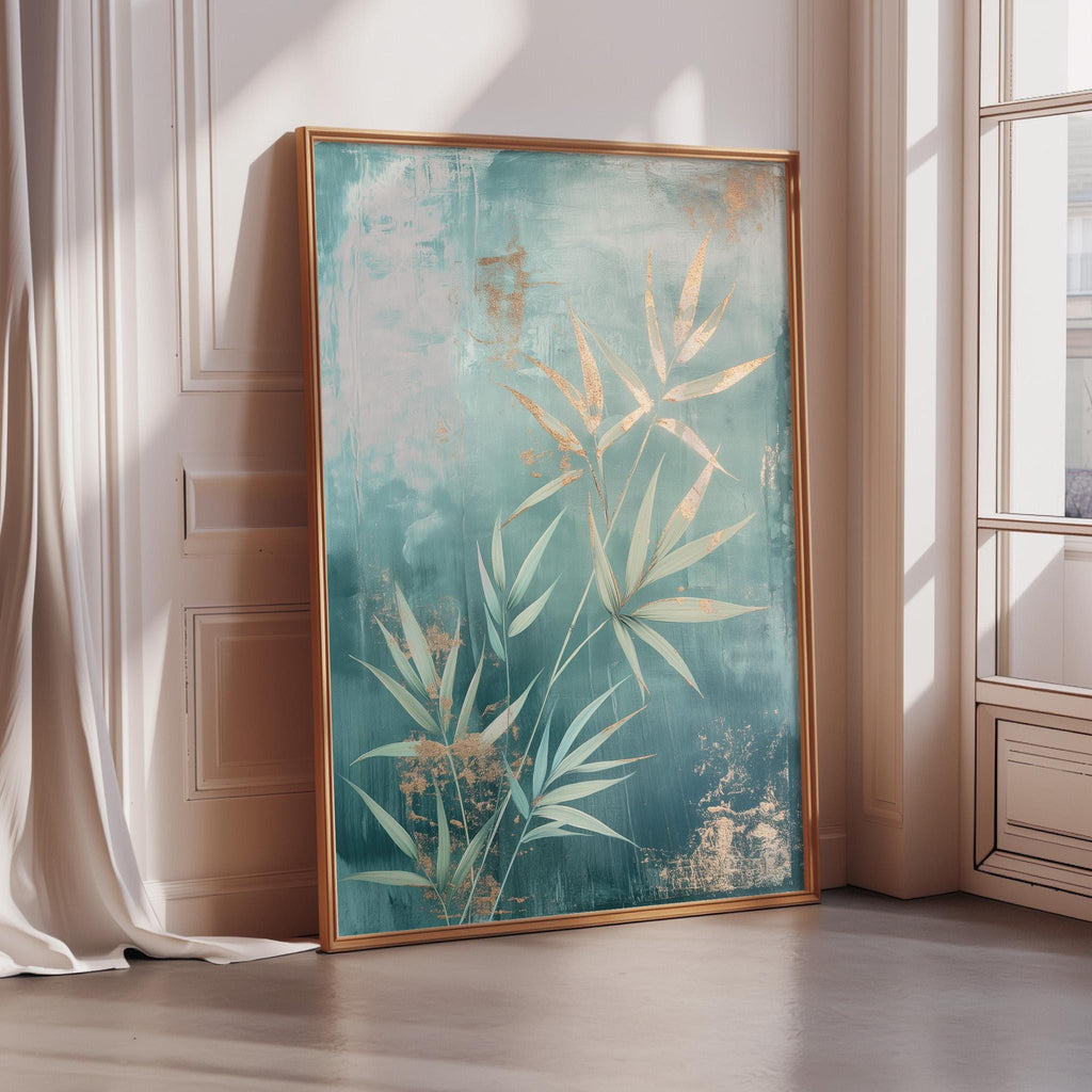 a large framed painting of a green and gold leafy plant on a white wall.