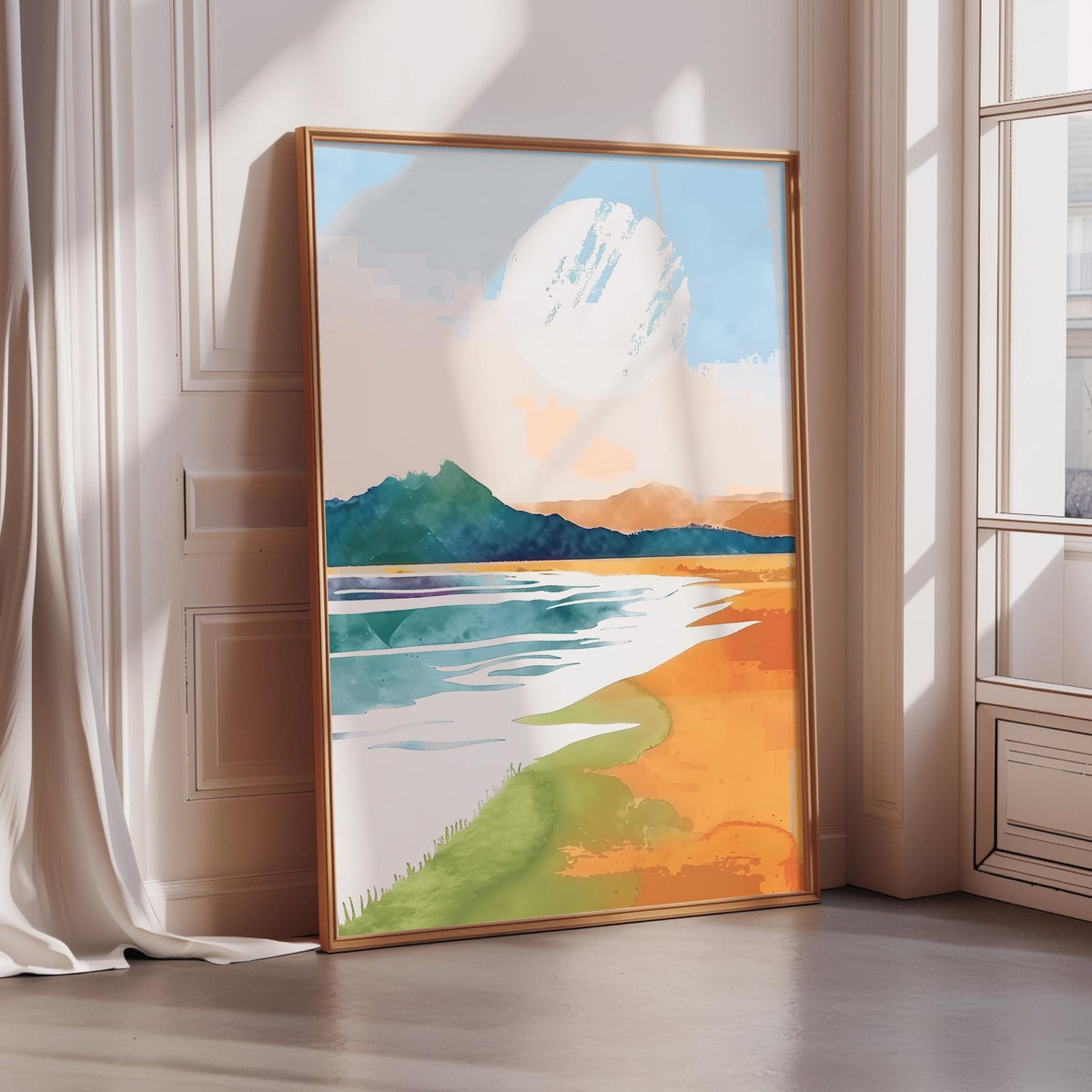 a large, colorful landscape painting hanging on a wall in a room with a window.