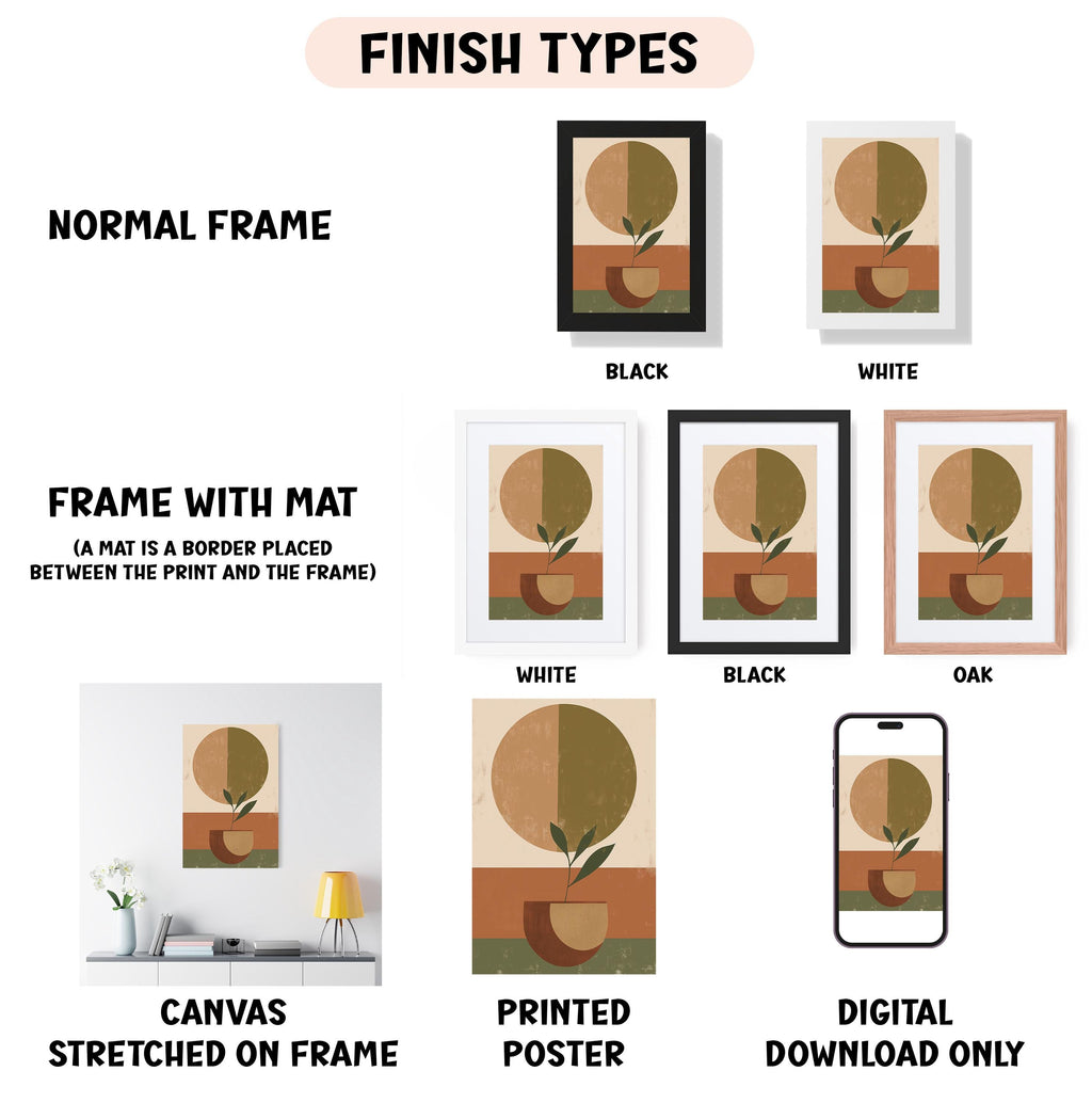 various finish types for artwork, including a normal frame, a frame with a mat, a white frame, a black frame, an oak frame, a canvas stretched on a frame, a printed poster, and a digital download only.