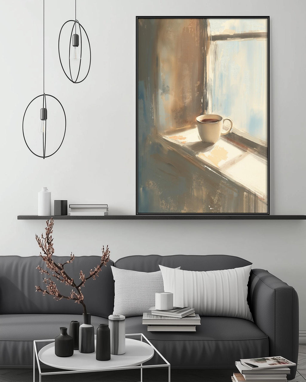 a cozy living room with a gray sofa, a coffee table, and a large painting of a cup of coffee on a windowsill. The painting is hanging above the sofa, creating a focal point in the room.