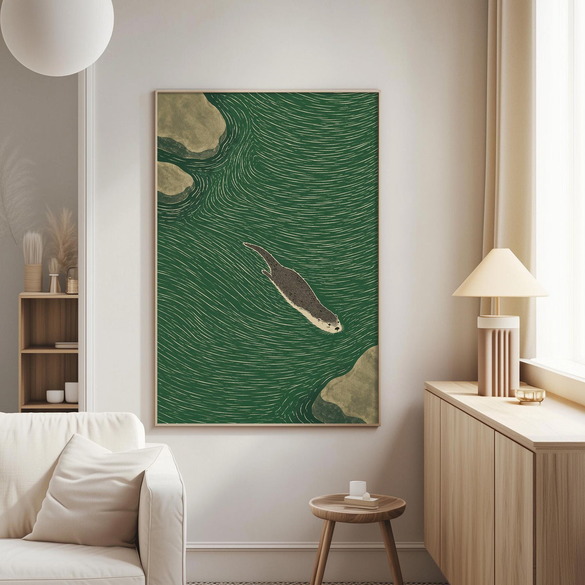 a living room with a large green and white abstract painting hanging on the wall, depicting a seal swimming in the ocean. The painting is framed and appears to be the focal point of the room.