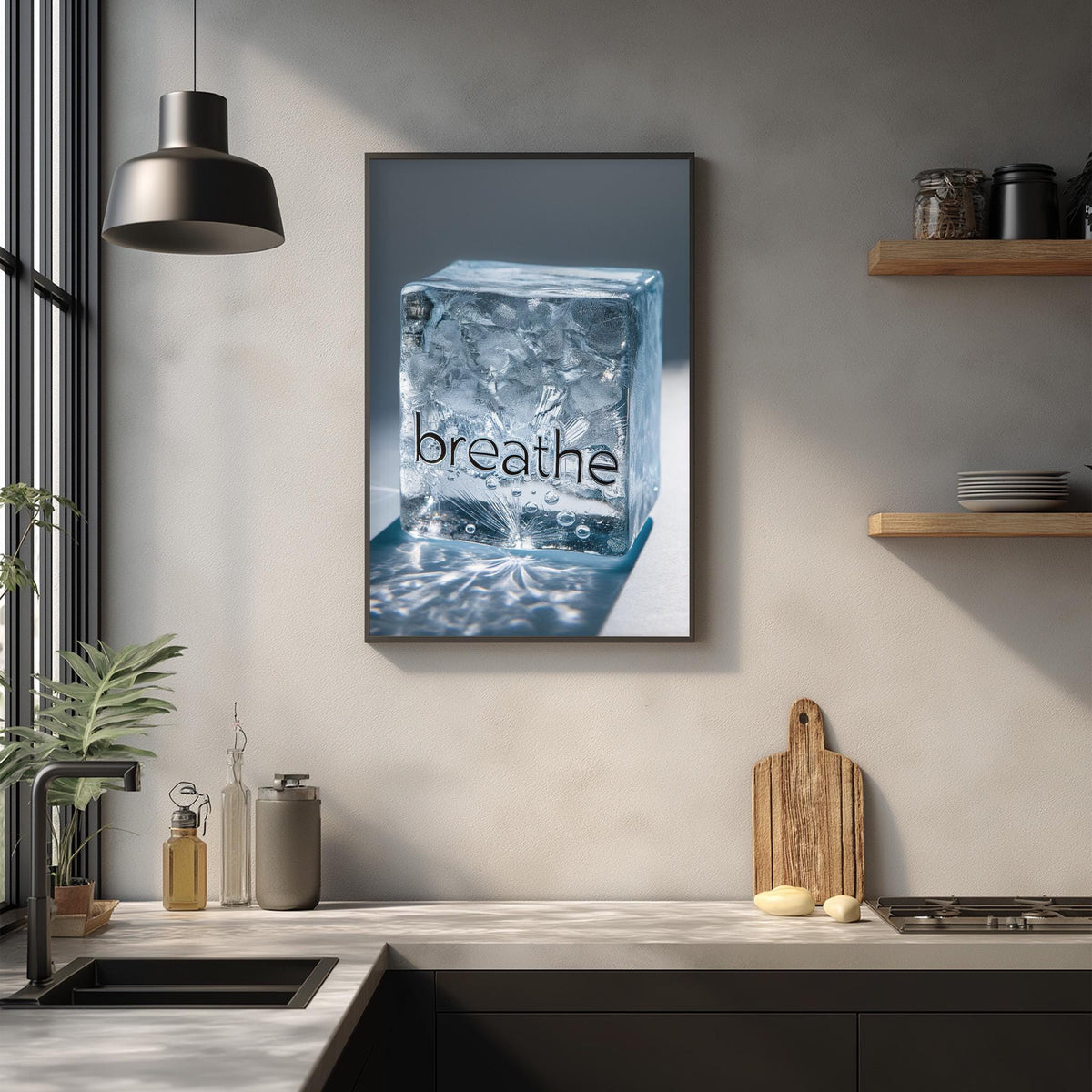 a kitchen counter with various items such as a cutting board, a soap dispenser, and a plant. Above the counter, there is a framed image of a block of ice with the word "breathe" written on it.