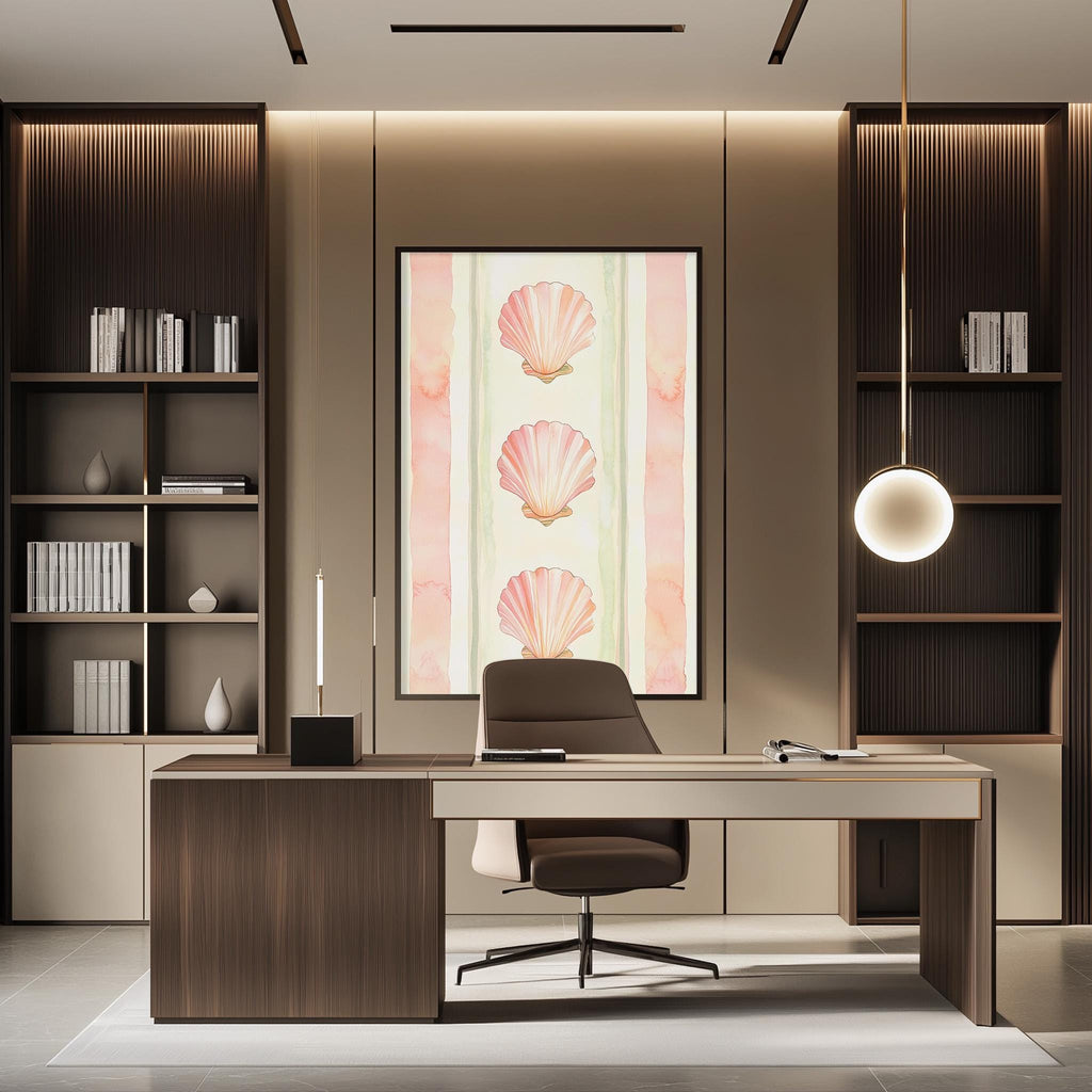 a modern and well-lit office space with a large framed artwork featuring three pink shells on the wall. The office features a wooden desk with a chair, a bookshelf, and a pendant light, creating a professional and comfortable work environment.