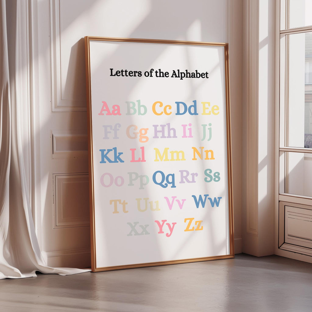 A poster titled "Letters of the Alphabet" is displayed on a wall, featuring the alphabet letters in a colorful and visually appealing arrangement.