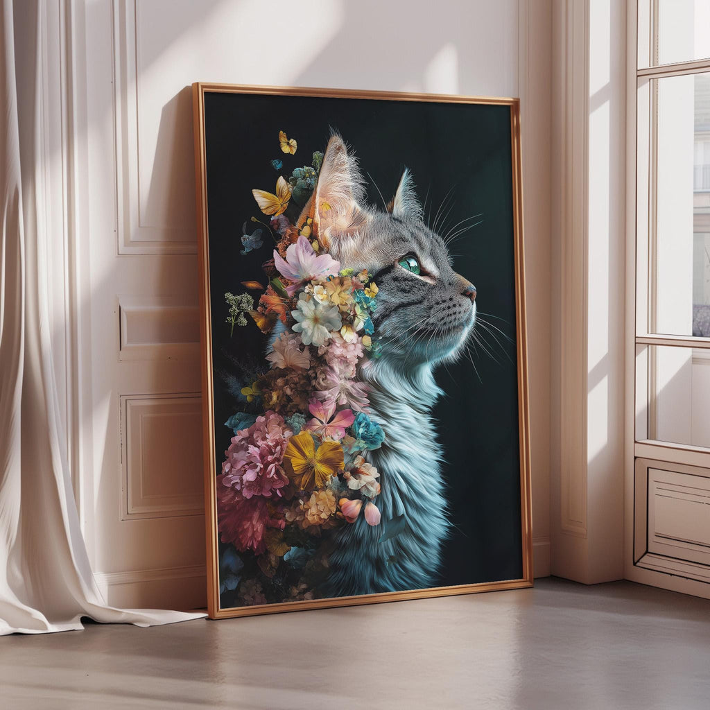 A framed painting of a cat with a floral design on its fur, featuring a variety of colorful flowers and butterflies.