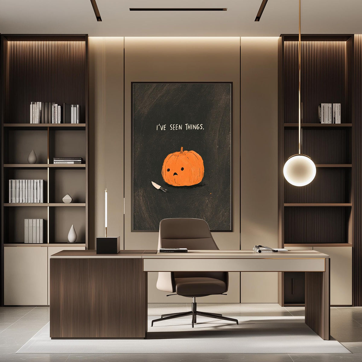 a modern office space with a desk, chair, and bookshelves. There is a large poster or artwork hanging on the wall, depicting a pumpkin with a face. The office has a minimalist and clean design, with a focus on functionality and simplicity.