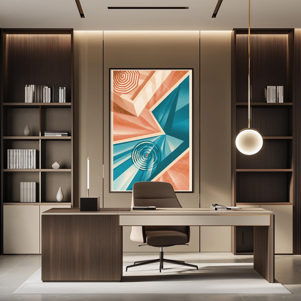 a modern and stylish office space with a large abstract painting on the wall, a wooden desk with a chair, and built-in bookshelves.