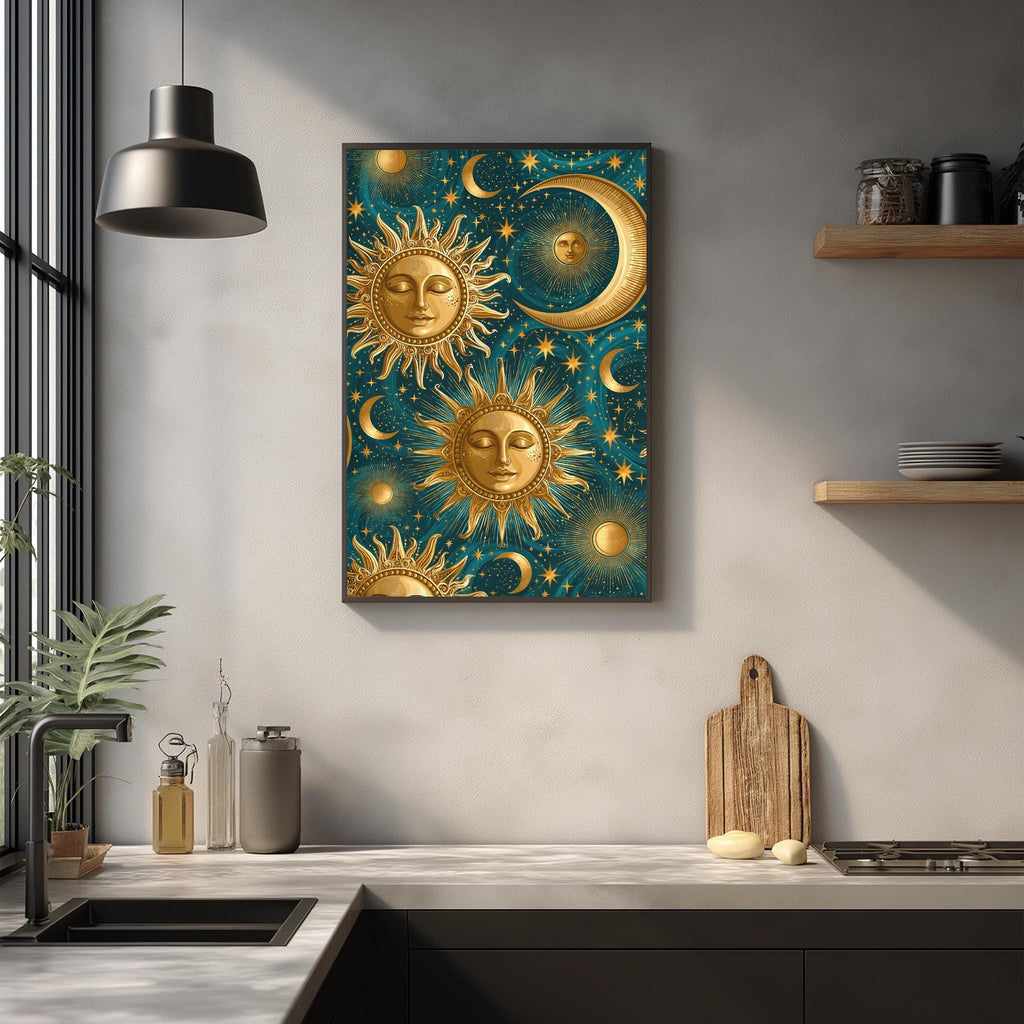 a kitchen counter with a framed artwork depicting a sun and moon design in gold and blue tones, hanging on the wall above it.