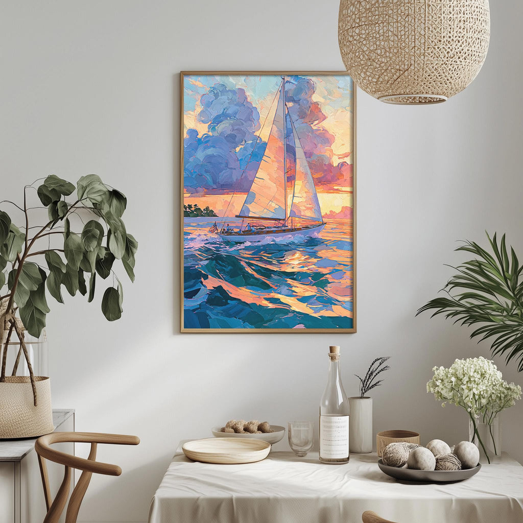 a painting of a sailboat on the ocean, hanging on a wall above a dining table with various decorative items and plants.