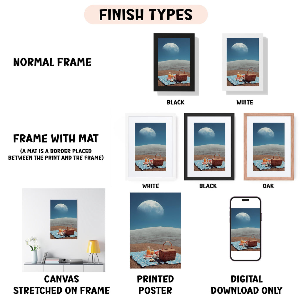 various types of artwork, including a canvas stretched on a frame, a framed poster, and a digital poster. The artwork displays different finishes, such as normal frame, black, white, black, and oak frames. The image also includes a smartphone displaying a poster, and a printed poster. The text in the image provides information about the finishes and the different types of artwork.