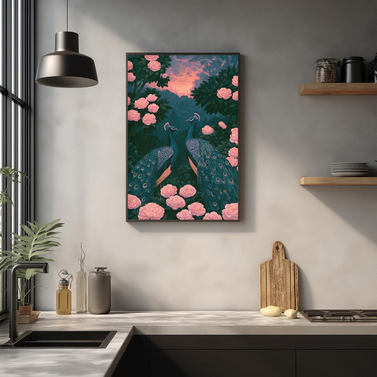 a framed painting of two peacocks standing amidst pink flowers on a wall, with a kitchen counter and various kitchen items in the foreground.