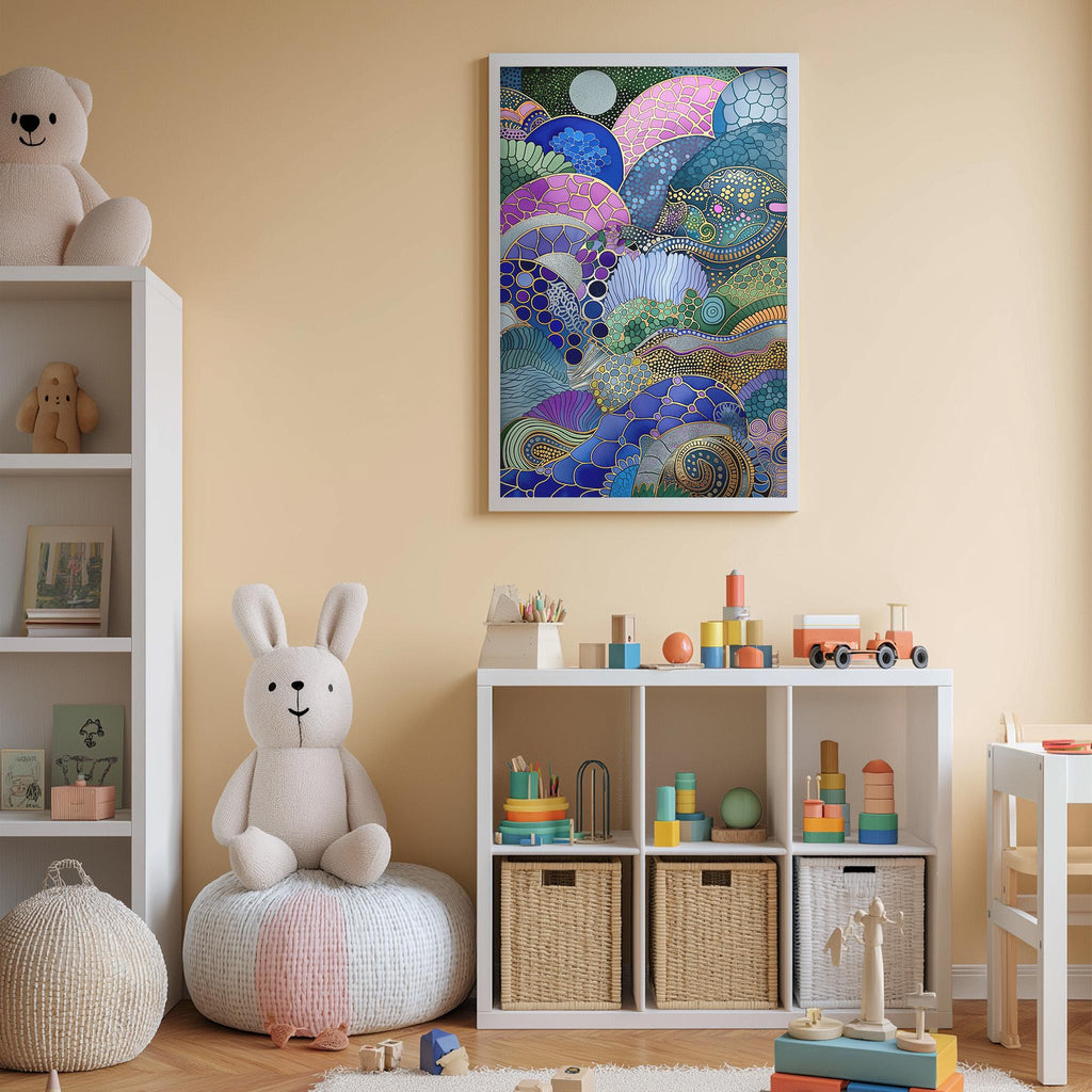 A child's bedroom with a white bookshelf, a stuffed rabbit, and a colorful abstract painting on the wall.