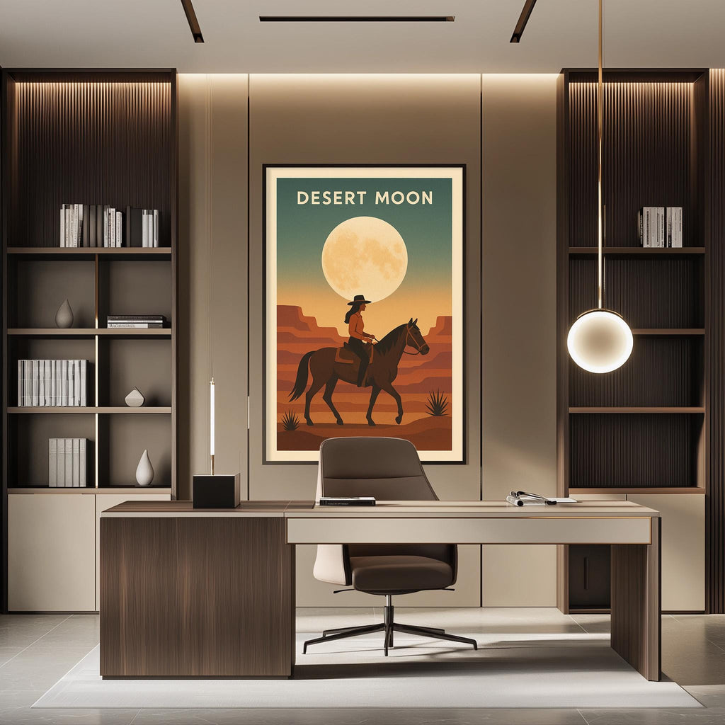 a modern office space with a large framed poster of a cowboy on a horse in the background, along with a desk and chair in the foreground.