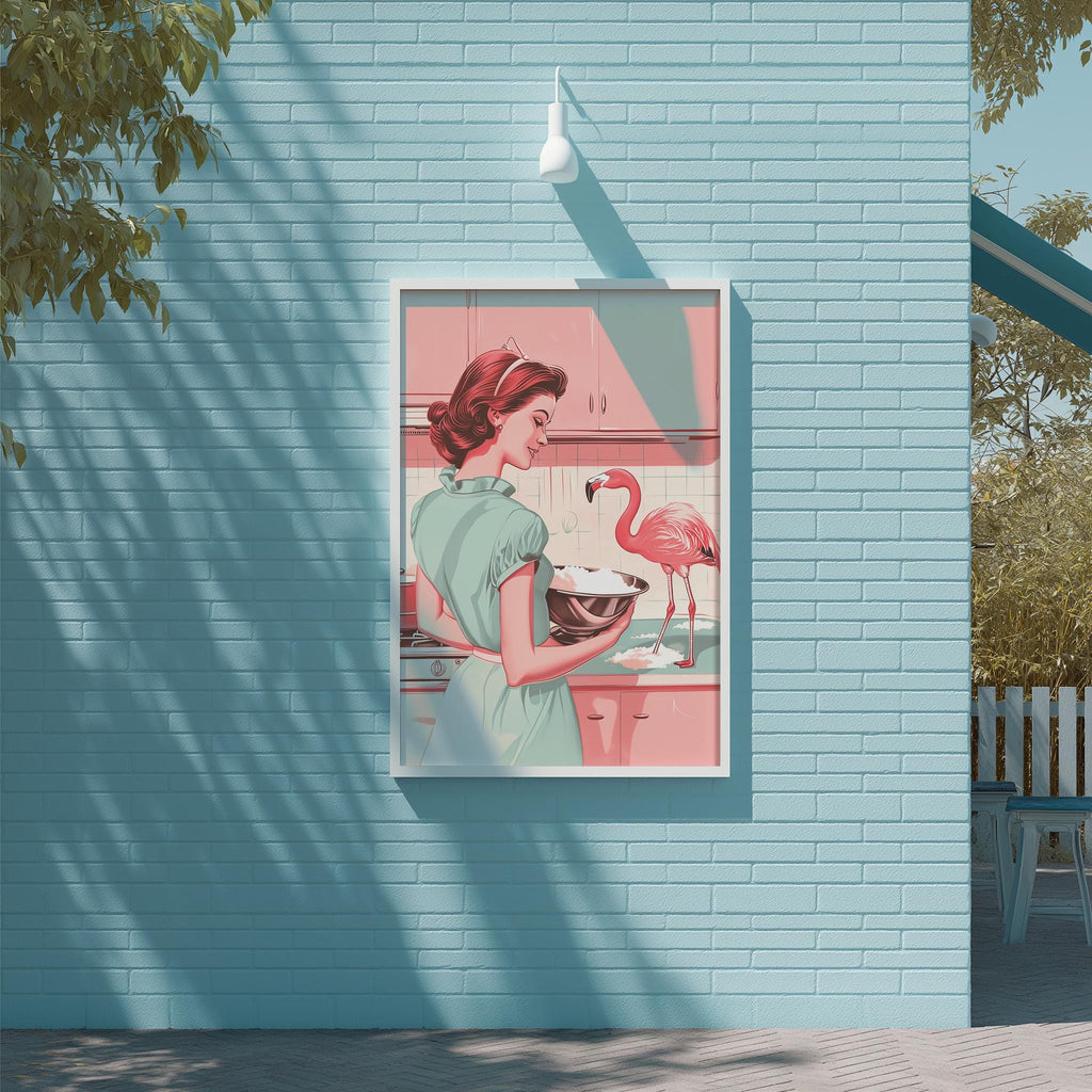 A framed illustration of a woman in a kitchen, holding a bowl, with a pink flamingo standing on a table in front of her.