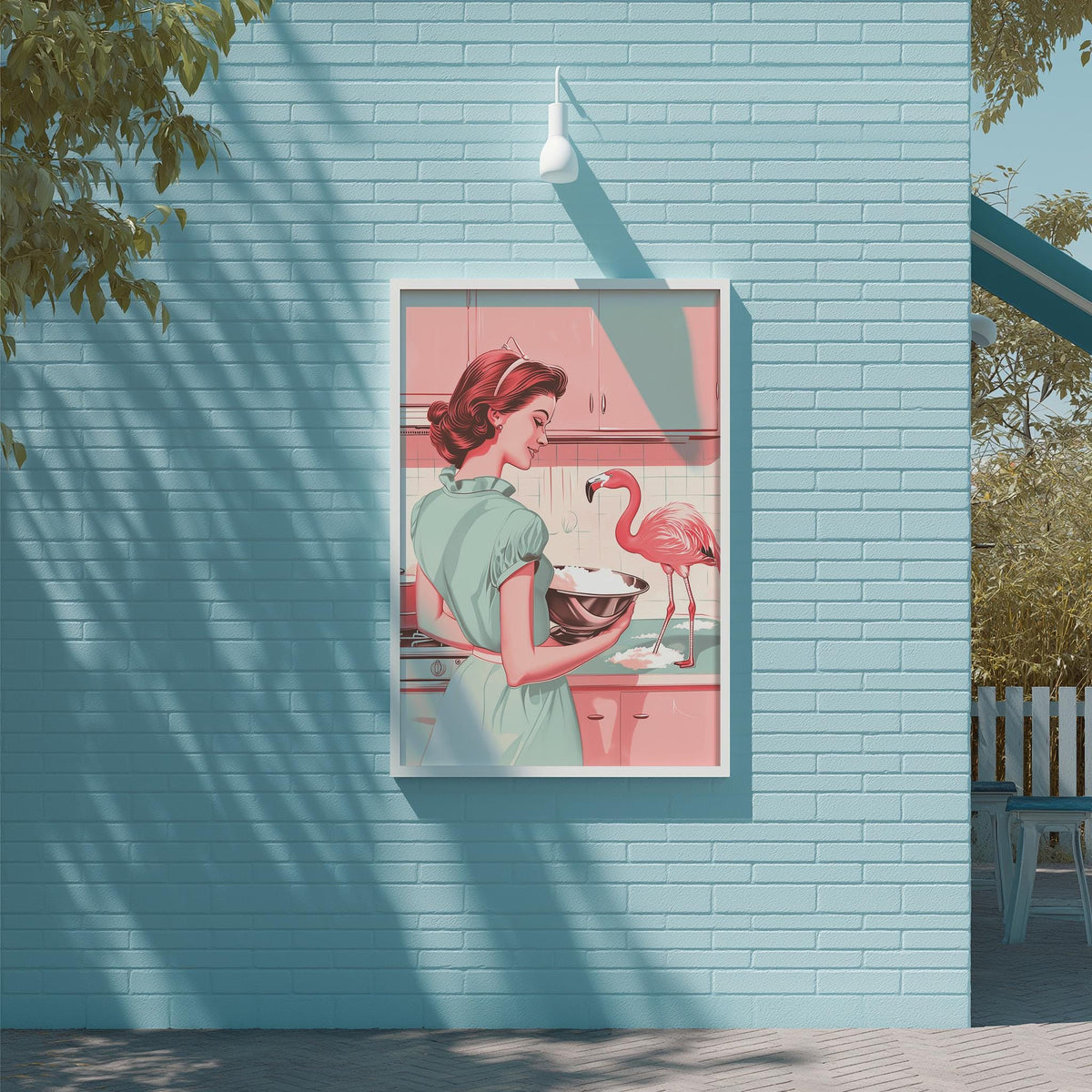 A framed illustration of a woman in a kitchen, holding a bowl, with a pink flamingo standing on a table in front of her.
