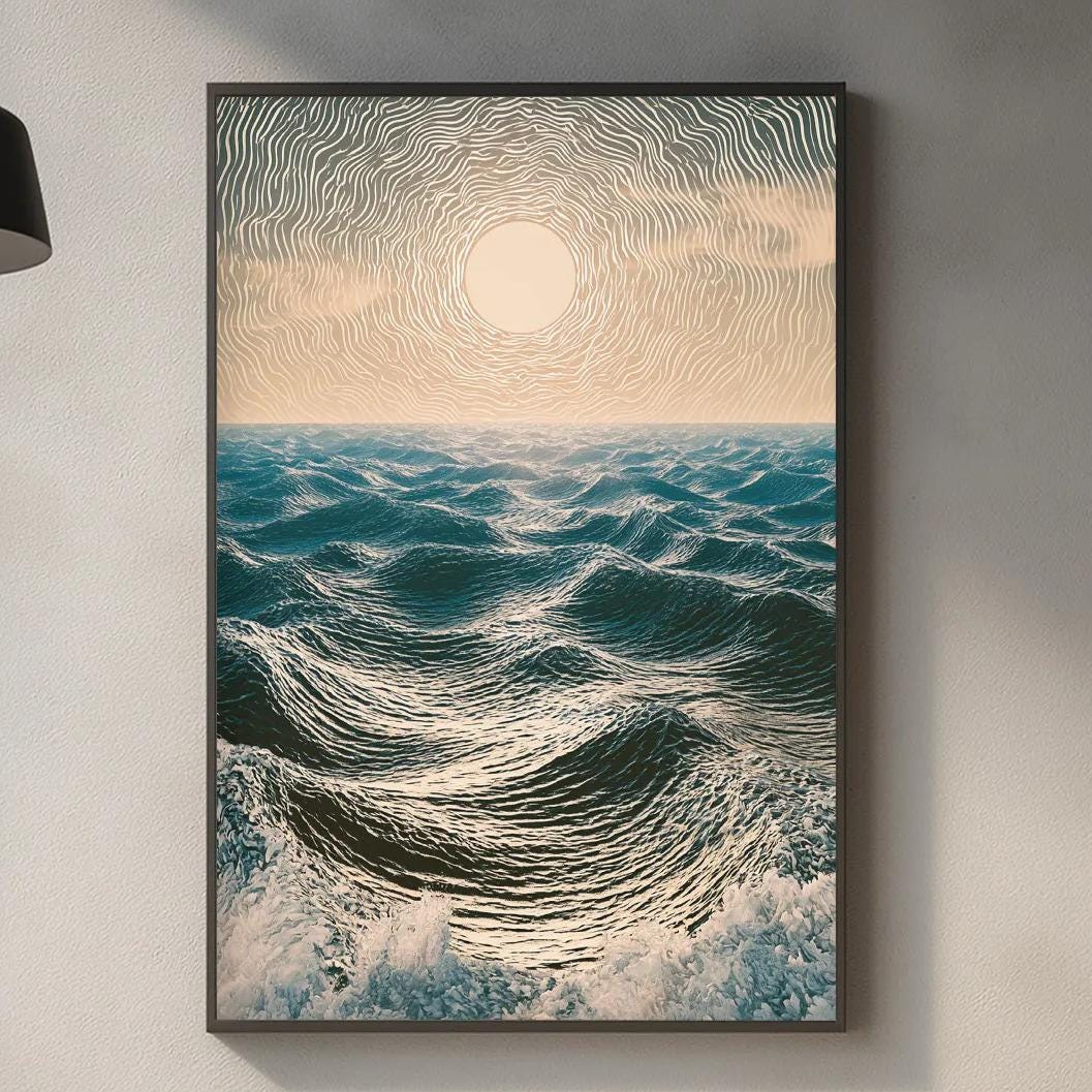 a kitchen counter with a framed picture of a seascape hanging above it. The kitchen counter has various items on it, including a cutting board, a soap dispenser, and a plant.