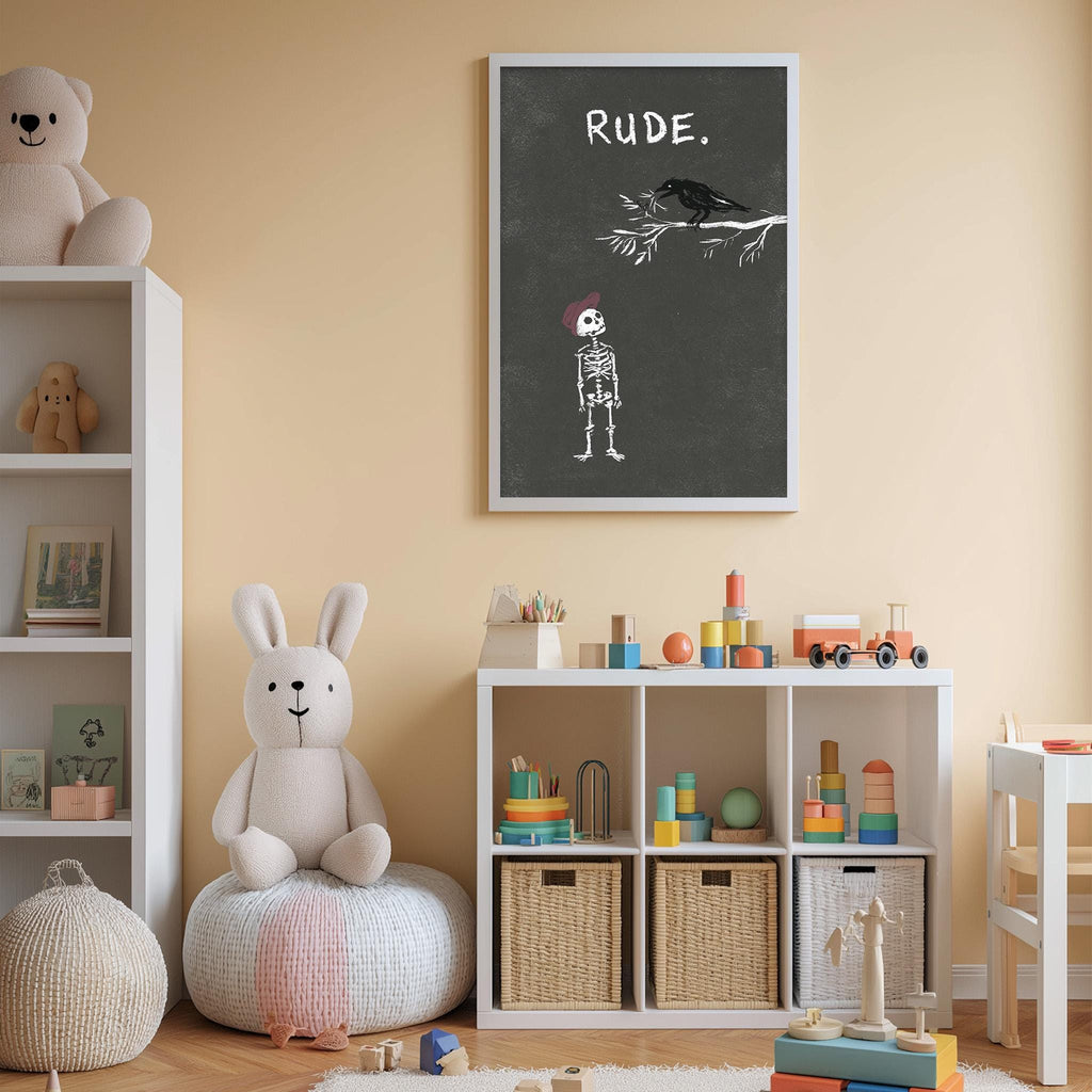 A child's bedroom with a white bookshelf, a stuffed rabbit, a skeleton figure, and a chalkboard with the word "Rude" written on it.
