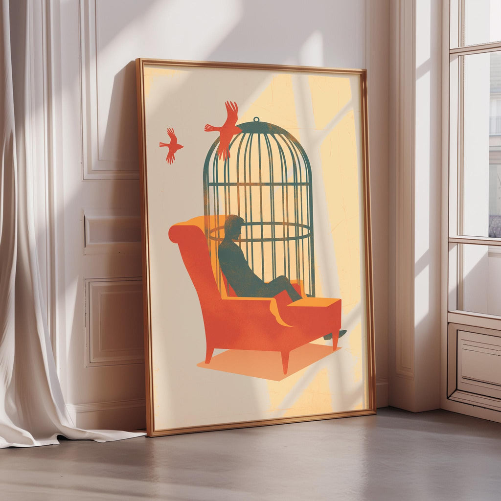 a person sitting in a red armchair, with a birdcage containing two birds above them.