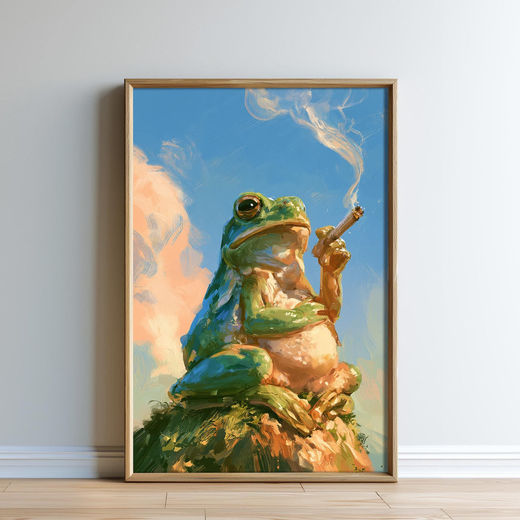 A framed painting depicting a green frog sitting on a rock and smoking a cigarette.
